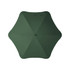 A green umbrella with a streamlined design, featuring a central button and a minimalist look. It has a logo on it.