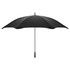 A black sport umbrella with a sturdy design and a handle, featuring a logo on the shaft.