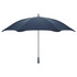 A navy blue sport umbrella with a curved shape and a handle, featuring a simple logo.