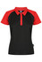 A polo shirt featuring a black body and red sleeves, with a collared neckline and a logo on the design.