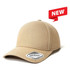 A beige cap with a rounded crown and a circular logo on the front, featuring a branding label.