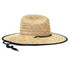 A wide-brimmed straw hat in natural tones, featuring a black trim and adjustable chin strap.