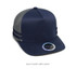 A navy trucker cap with dark grey mesh sides and a circular logo on the front.