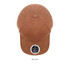 A brown cord cap with a rounded top and a branded logo on the front.