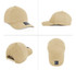 A tan Cotton/Spandex cap features a curved brim and has a logo on the back. Multiple angles are displayed.