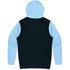 A hoodie featuring a black body and light blue sleeves, with a hood and a branding logo on the back.