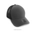 A trucker cap in charcoal and black, featuring a mesh back and a logo on the front.