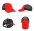 A red cap with a mesh back, featuring a logo on the front, displayed from multiple angles.