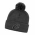 A dark grey beanie with a pom-pom on top and a logo on the front.