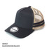 A black and khaki ponytail cap with mesh panels and a logo.