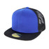 A blue and black kids snapback cap with a mesh back and a flat peak, featuring a logo.