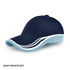 A navy cap with a white and sky-blue peak, featuring a logo on the front.