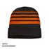 A black and orange striped beanie with a folded cuff and a logo.