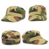 A camo military design cap featuring a blend of greens, browns, and beiges, with a logo on the side.