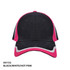 A black cap with hot pink and white accents, featuring a curved peak and a branding logo.