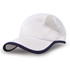 A white cap with a navy peak and mesh panels, featuring a logo on the side.