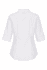 A white button-up shirt with 3/4 sleeves and a collar, featuring a subtle back design and a logo.