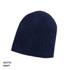 A navy 100% cotton beanie with a ribbed texture, featuring a small logo.
