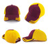 A maroon and yellow mesh knit cap with a structured design and a branded logo.