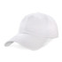 A white unstructured cap featuring a curved brim and an adjustable back, with a logo on the front.