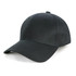 A black organic cotton cap with a curved brim and six ventilation eyelets, featuring a logo on the front.