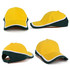 A cap with a yellow crown and green brim, featuring a white trim and an adjustable back. It has a logo.