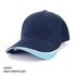 A navy cap with a sky blue peak and white detailing, featuring a logo on the front.