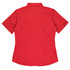 A red short-sleeve button-up shirt with a collar and a fitted back design. It features a logo.