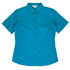 A short-sleeved button-up shirt in a teal colour, featuring a collar and a fitted design. It has a logo on the label.