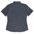 A short-sleeve button-up shirt in a dark grey colour with a collared neckline and a fitted design, featuring a logo.
