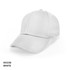 A white cotton cap with a curved brim and an adjustable strap, featuring a logo on the side.