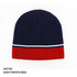 Acrylic two-tone beanie in navy, white, and red with a striped band. Features a logo on the side.