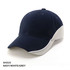 A navy, white, and grey cap featuring a structured design and a logo on the front.