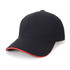 A black mesh design cap with a red trim and a logo on the front.