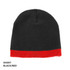 Acrylic two-tone beanie in black with a red brim, featuring a logo.