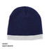 Acrylic two-tone beanie in navy and white, featuring a logo.