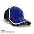 A cap featuring a royal blue front with black side panels and white trim, displaying a brand logo.
