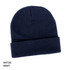 A navy acrylic beanie with a folded cuff and a textured finish, featuring a logo.