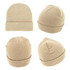 Acrylic beanie in a beige colour, displayed from multiple angles. Features a knitted texture and has a logo.