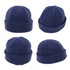 A polar fleece beanie in navy blue, displayed from multiple angles, featuring a simple design and a logo.