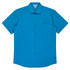 A short sleeve button-up shirt in bright blue, featuring a single chest pocket and a collar. It has a branding logo.