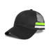 A black Northern Trucker Cap with mesh panels and neon green and grey stripes. It features a logo on the front.