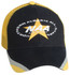 A black and yellow cap featuring a logo, with a star design and reflective accents.