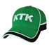 A green cap with white stitching and a black peak, featuring a logo on the front.