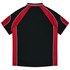 A black and maroon polo shirt featuring contrast piping and a sleek design on the back. It has a logo.