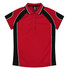 A red polo shirt featuring black accents and a logo. It has a collar and a buttoned placket.