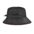 A reversible black bucket hat with an adjustable toggle and gold eyelets, featuring a red trim.