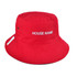 A reversible red bucket hat with an adjustable toggle and a logo on the side.
