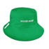 A green reversible bucket hat with a logo on the side and a simple design.