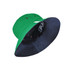 A reversible bucket hat featuring green on one side and black on the other, with a logo inside.